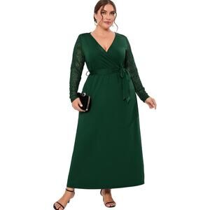 Green Plus Size 4X Women Lace Long Sleeve V Neck Maxi Floor Comfy Length Dress
